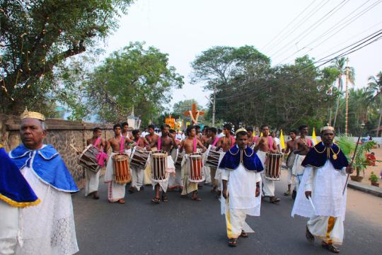 Traditional drumming groups like this one at the St. Sebastian feast, Kannanthura, Kerala, play an essential role in leading important feasts, both Hindu and Catholic.